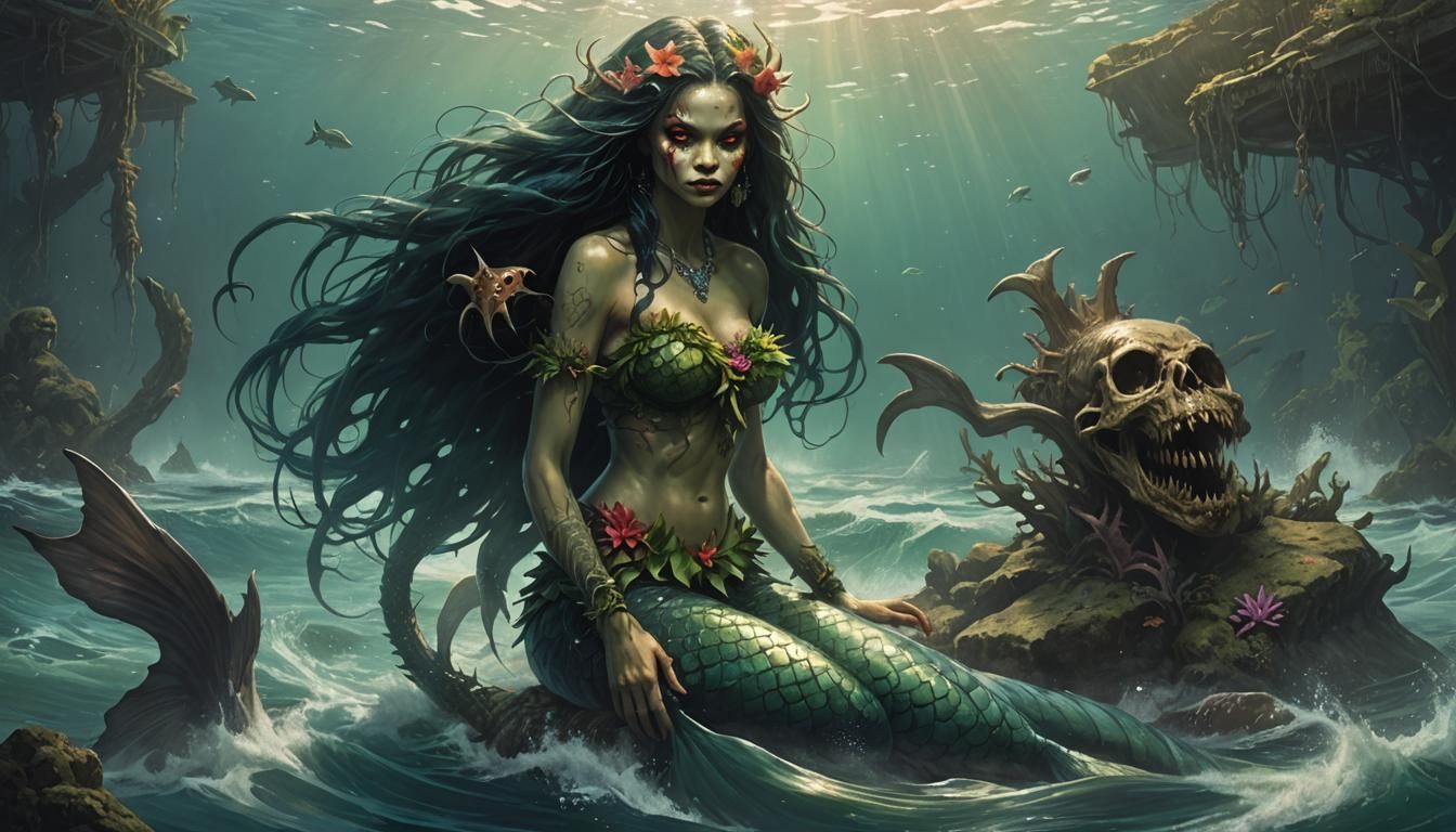 Creepy Horror Hawaiian Mermaid: Sinister Greg Rutkowski Styl...