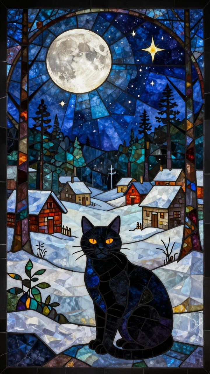 Stained Glass Village Scene With Cosmic Cat