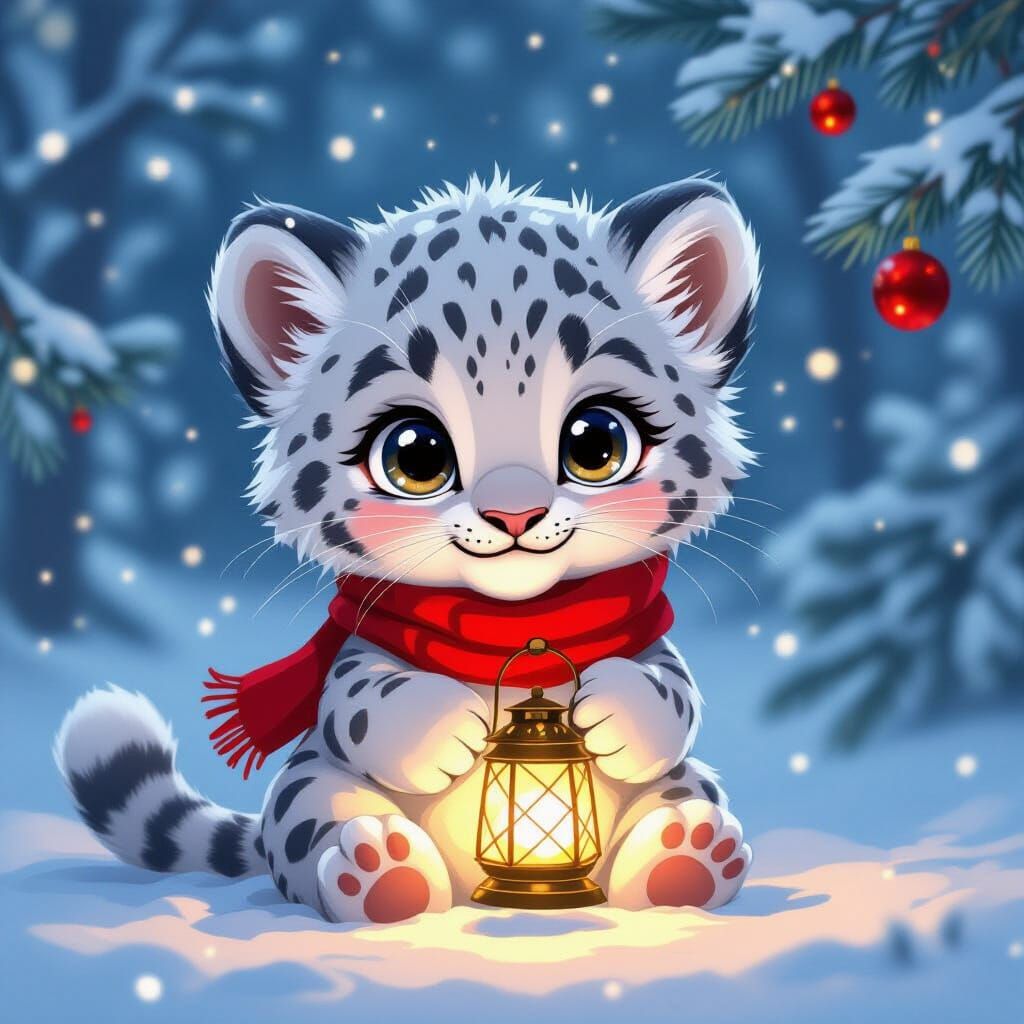 Cartoon Snow Leopard Cub with Lantern, Ghibli Style