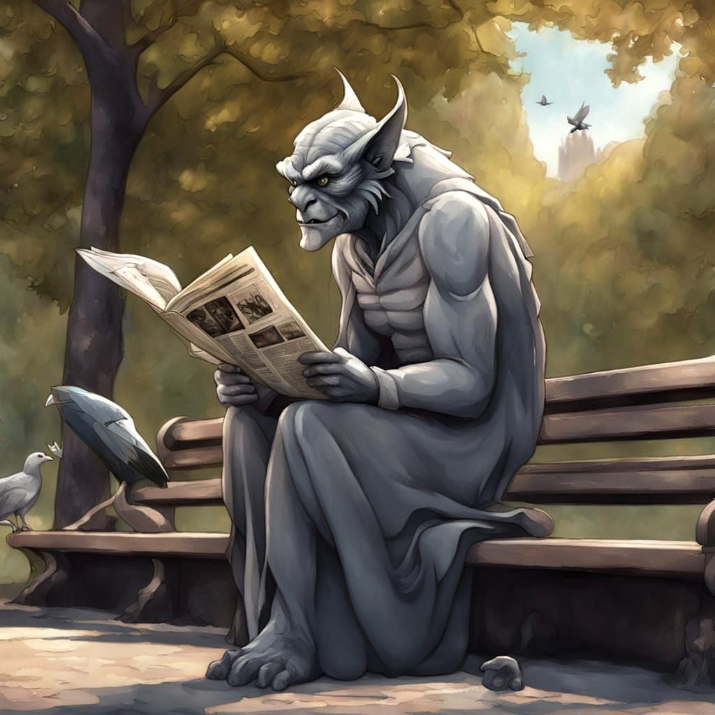 Wise Gargoyle in Whimsical Park Scene