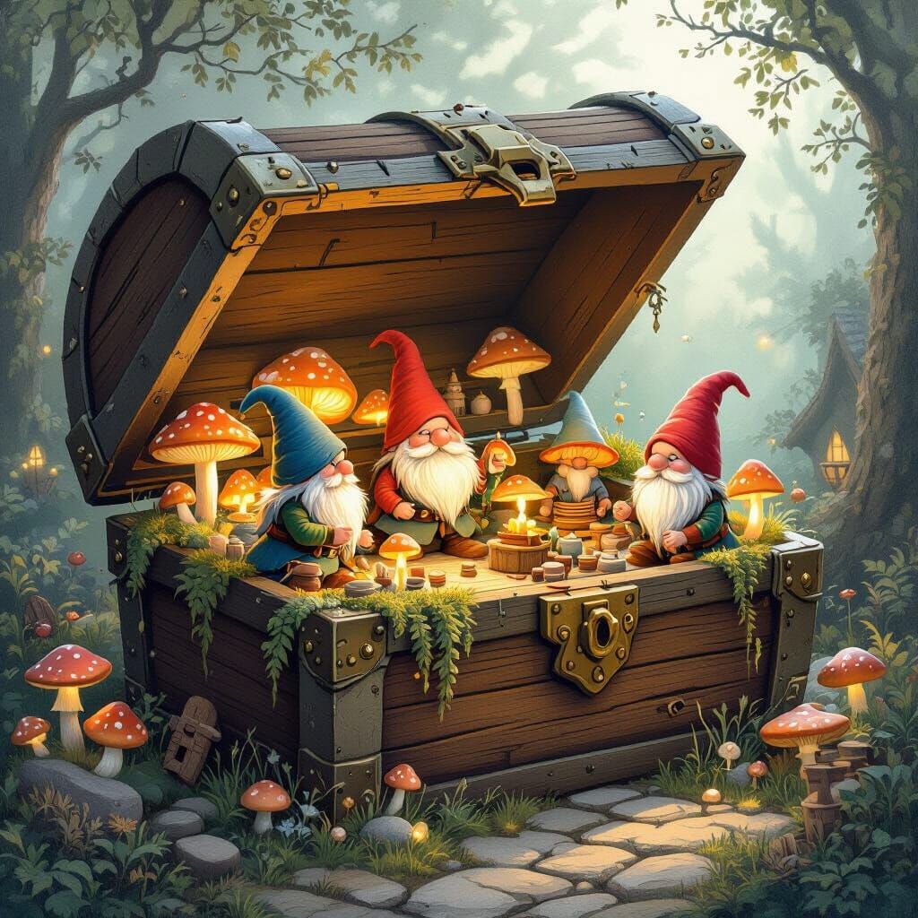 Gnome Village Inside Treasure Chest, Whimsical Art