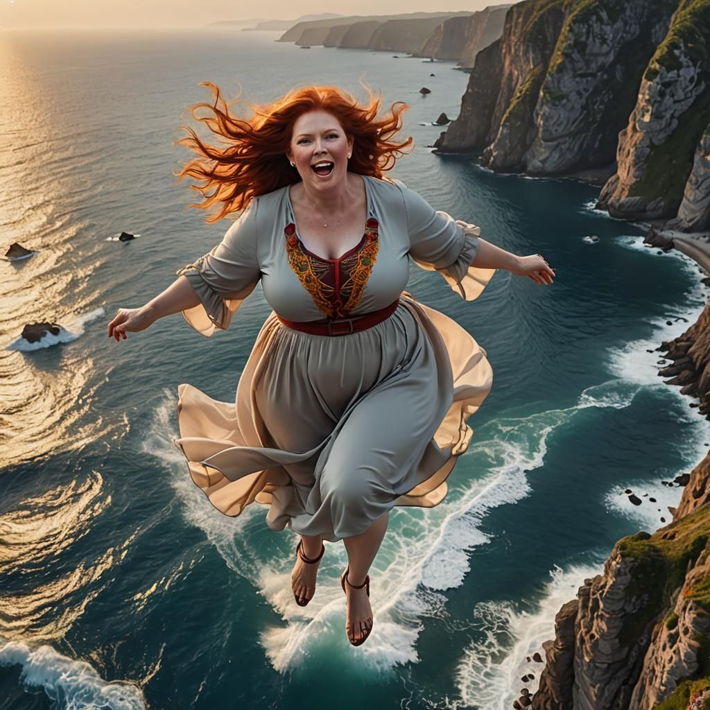 Redhead Woman Bungee Jumping at Sunrise