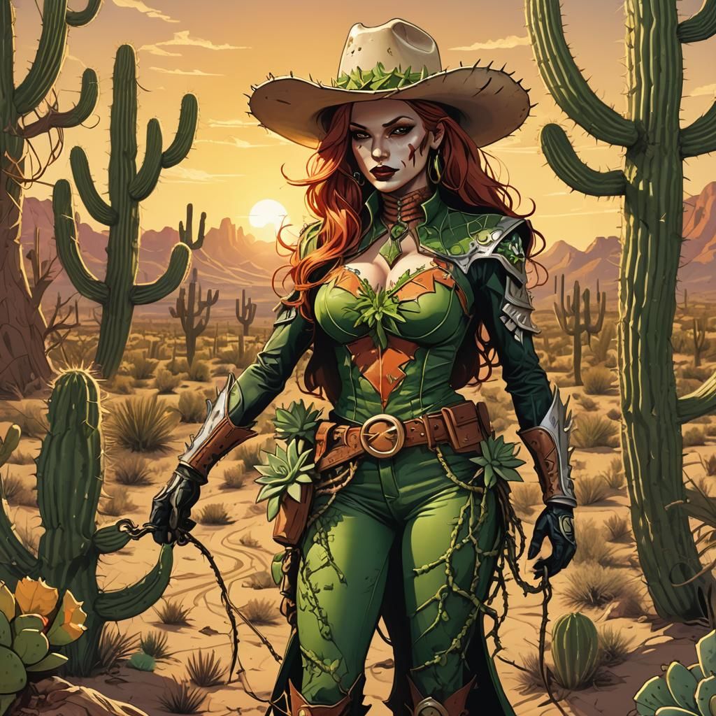 Poison Ivy Cowboy in Desert Sunset: Comic Book Art