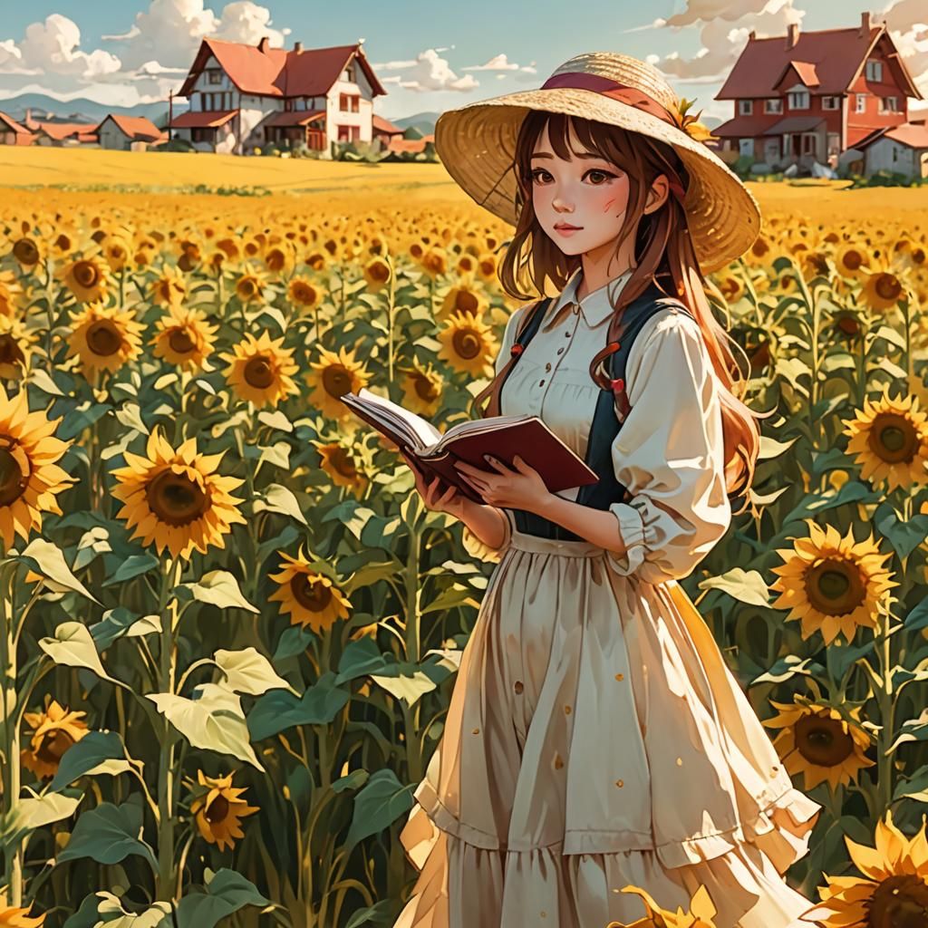 Anime Girl in Sunflower Field: Impressionistic Digital Art