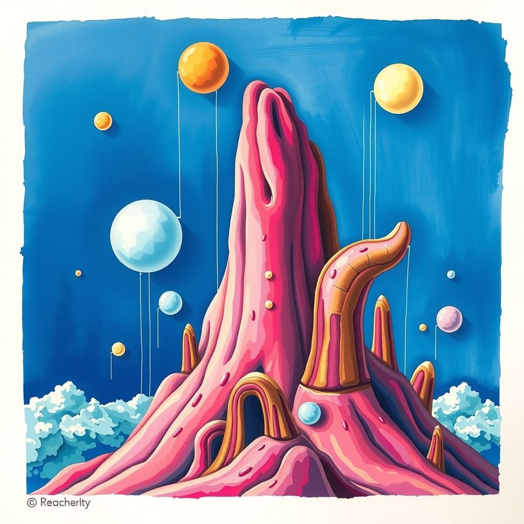 Surreal Precisionist Gouache in Ultramarine, Sienna, and Fuc...