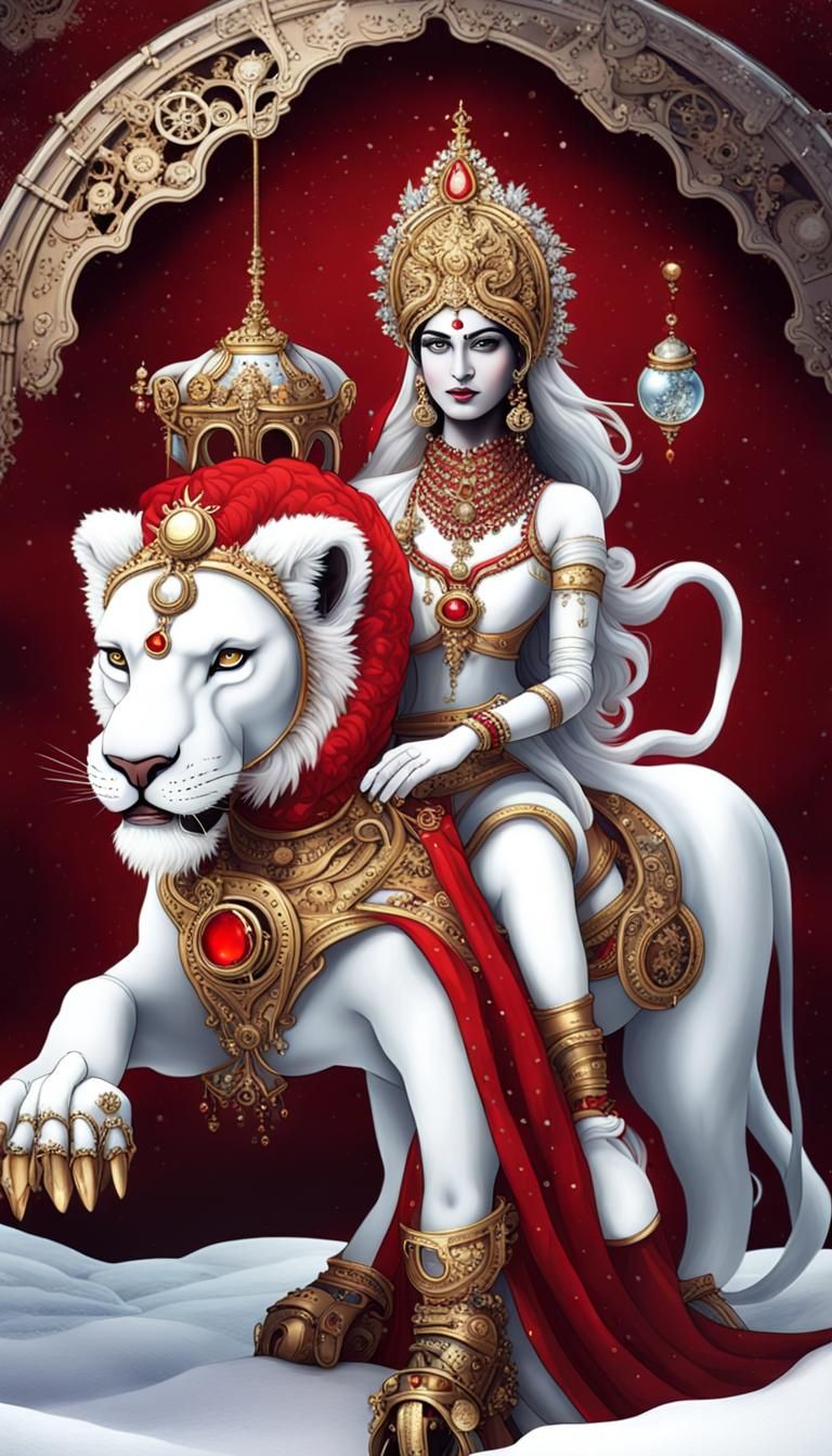 Durga on Lion in Steampunk Winter Wonderland
