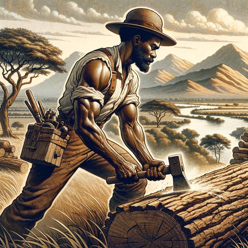 African Lumberjack in Industrial Era Attire, Working in Harm...