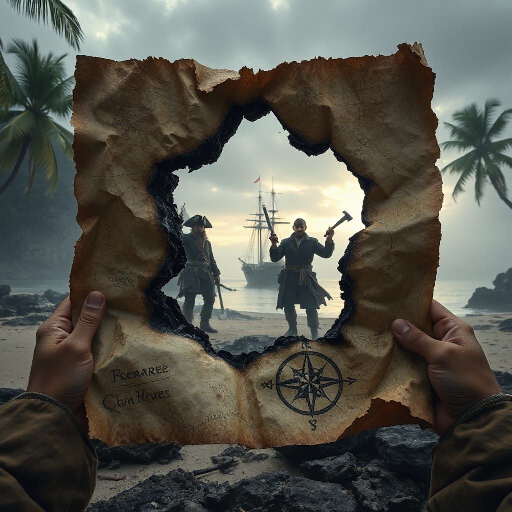 Pirates Approaching Through Burned Treasure Map