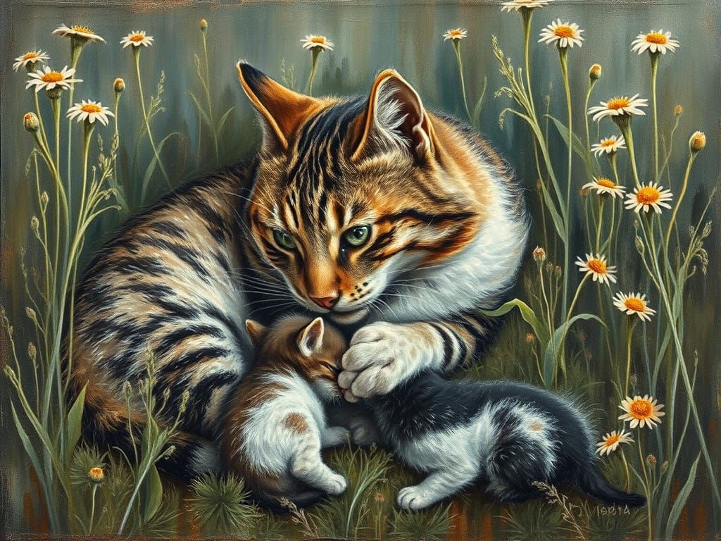 Vintage Cat Mother with Kittens in Wild Flowers