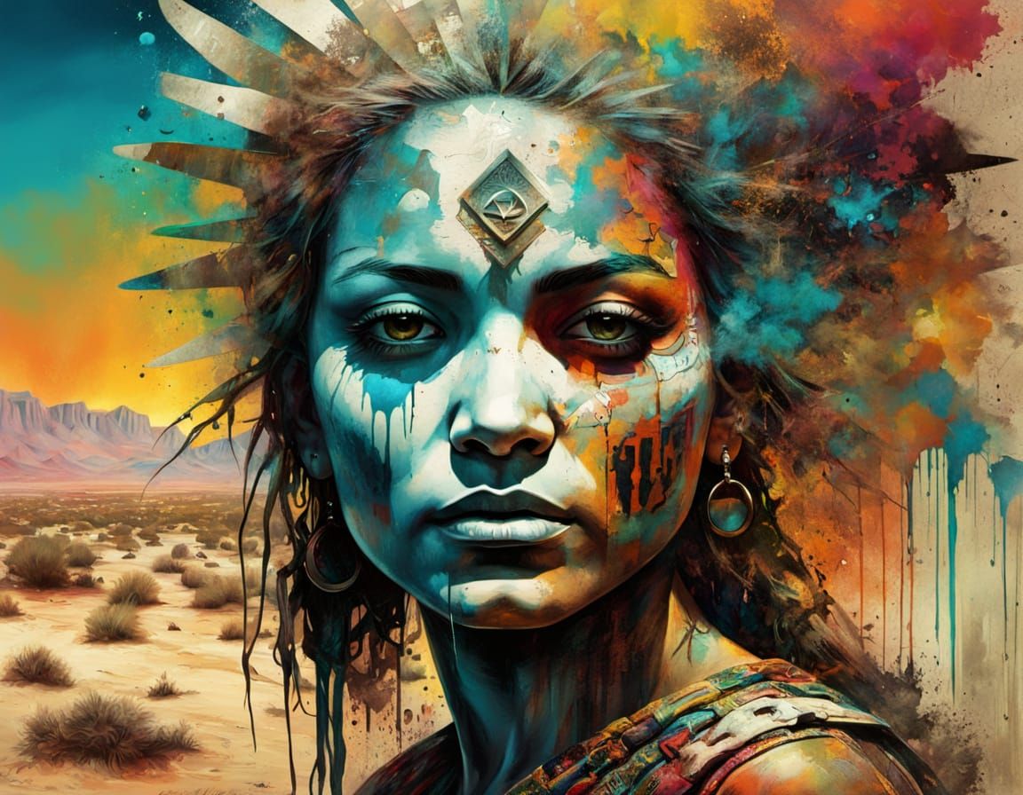 Vibrant Native American Shamaness Strolls through Desert Str...