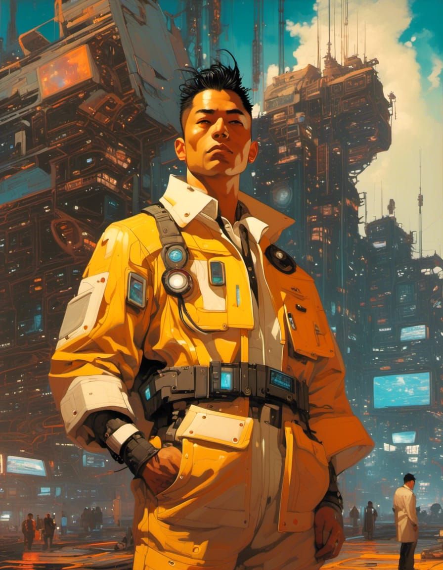 Atompunk Engineer in Cyberpunk Cityscape