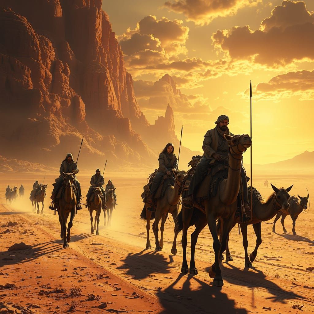Majestic Desert Caravan in Warm Golden Light