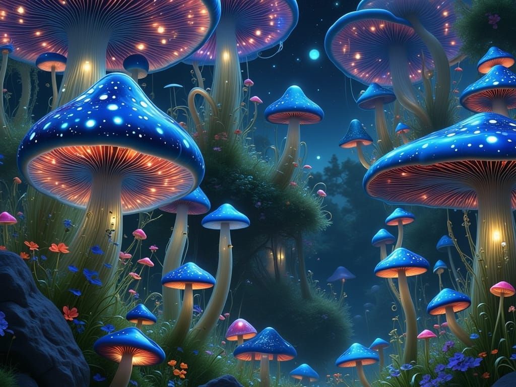 Bioluminescent Mushroom Metropolis Under Twilight Canopy