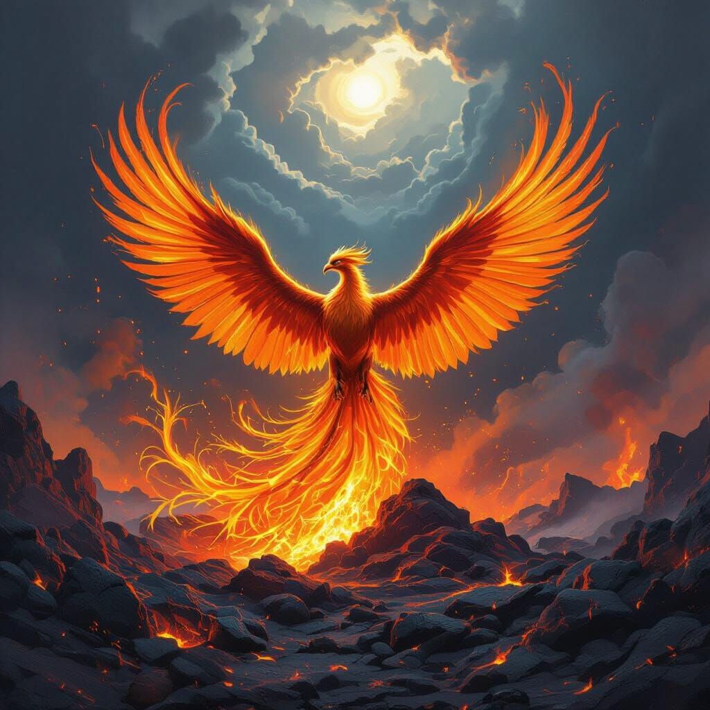 Phoenix Rising: Epic Fantasy Art in Volcanic Landscape