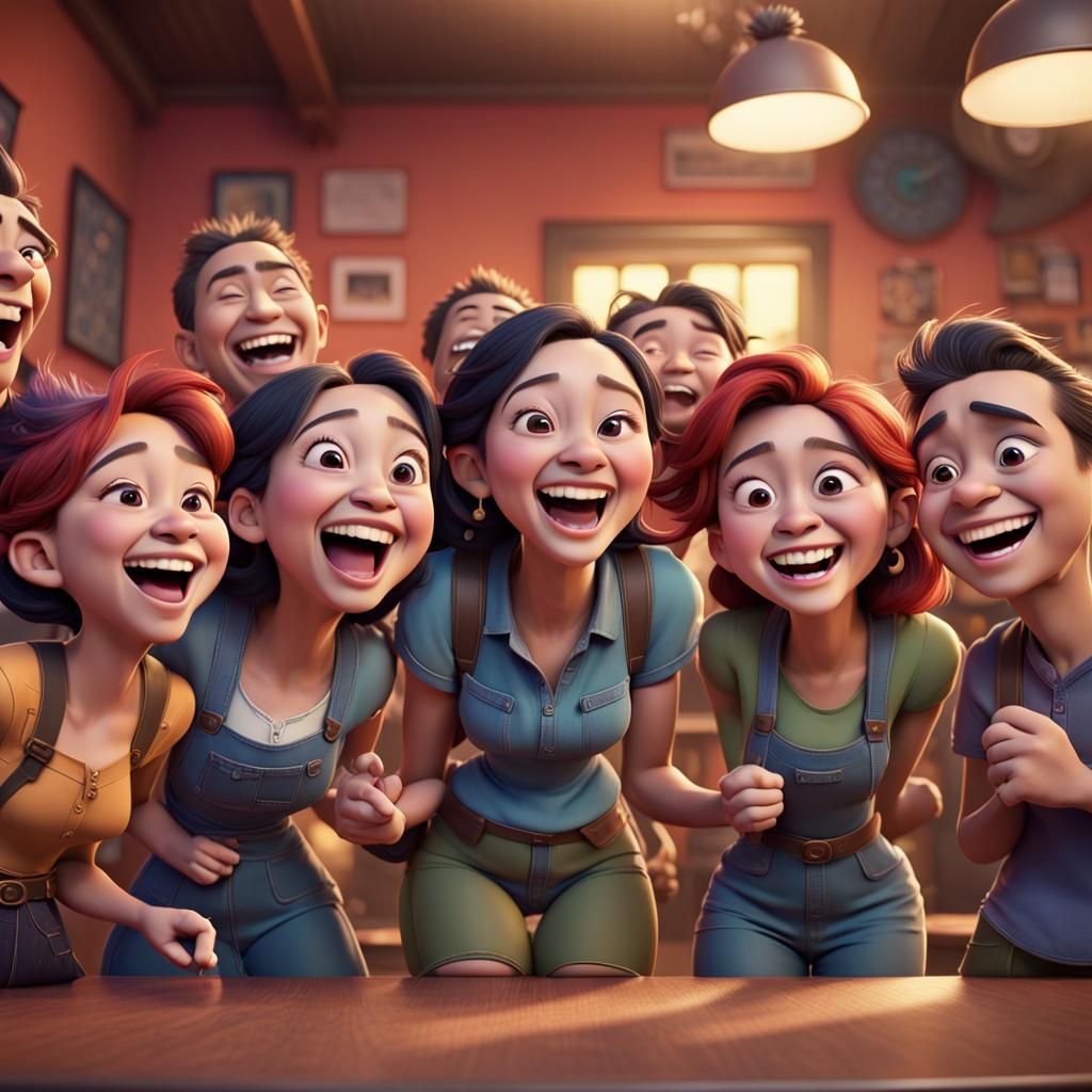 Pixar-Style Characters Laughing in 3D Digital Art