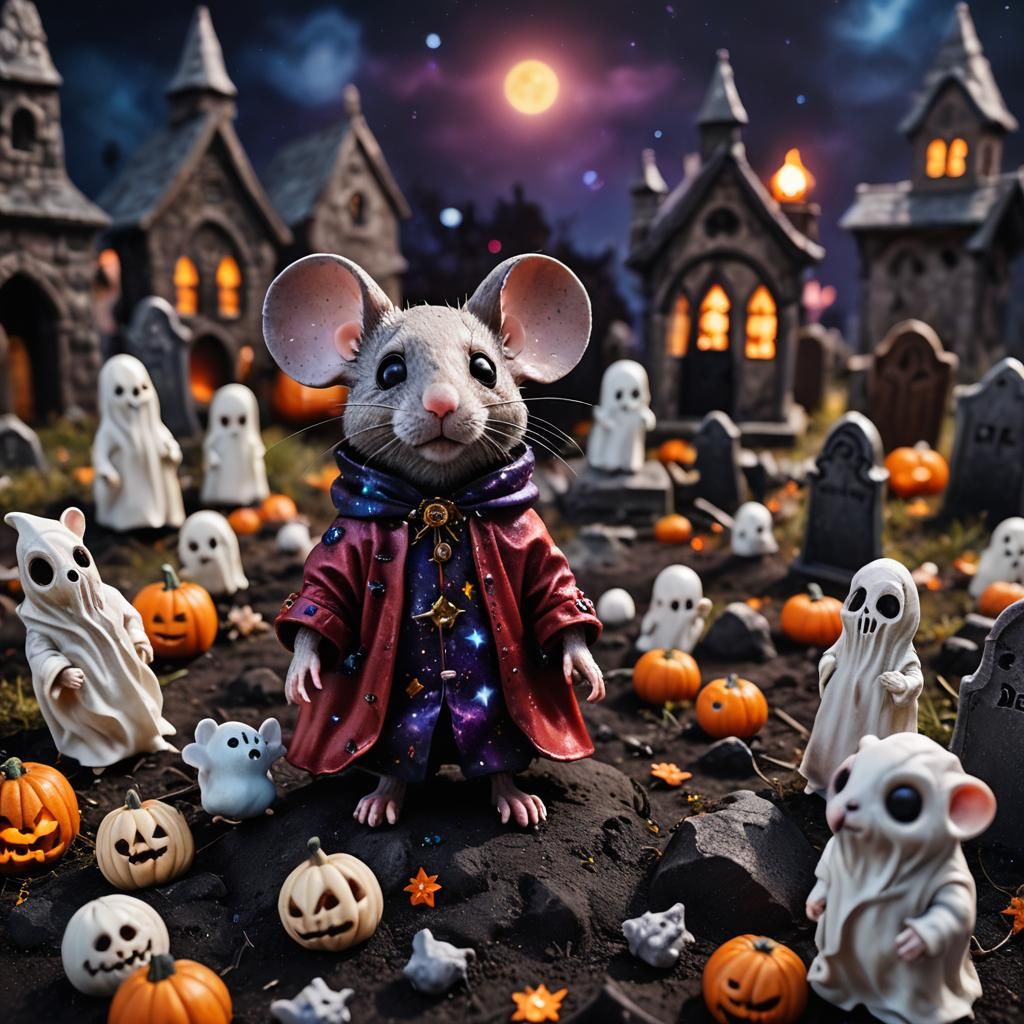 Chibi Mouse in Graveyard: Hyper-Realistic Halloween Photogra...