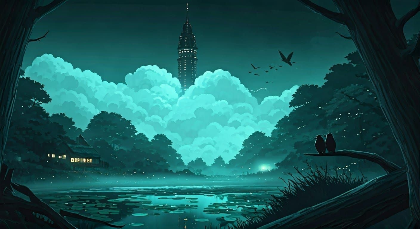 Teal Fairy Village in Enchanted Forest: Monochromatic Art