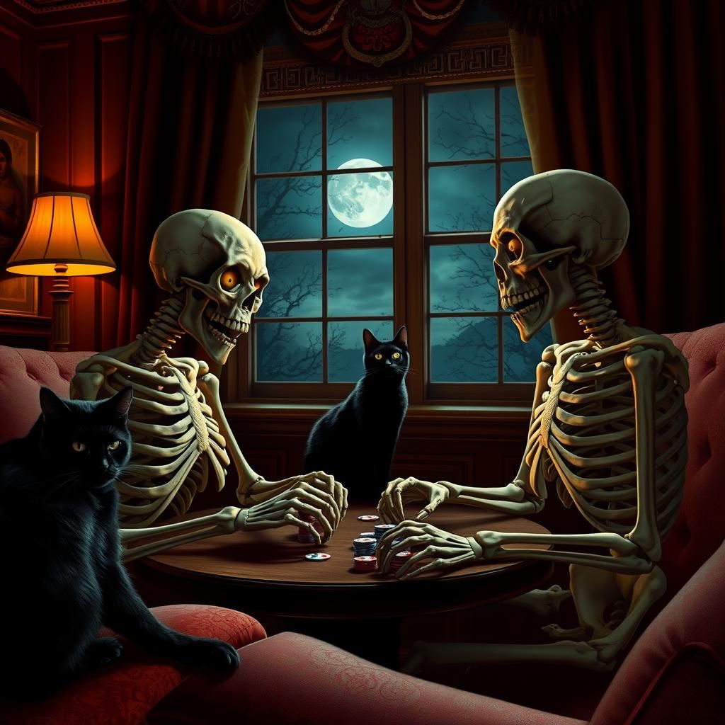 Skeletons Play Poker in Dark Surrealist Style