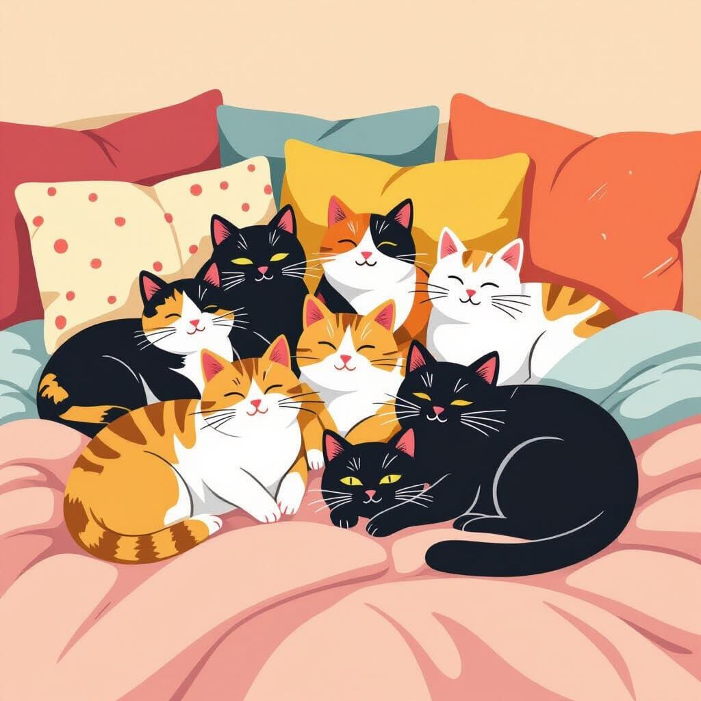 Cozy Cats Lounging on a Plush Bed