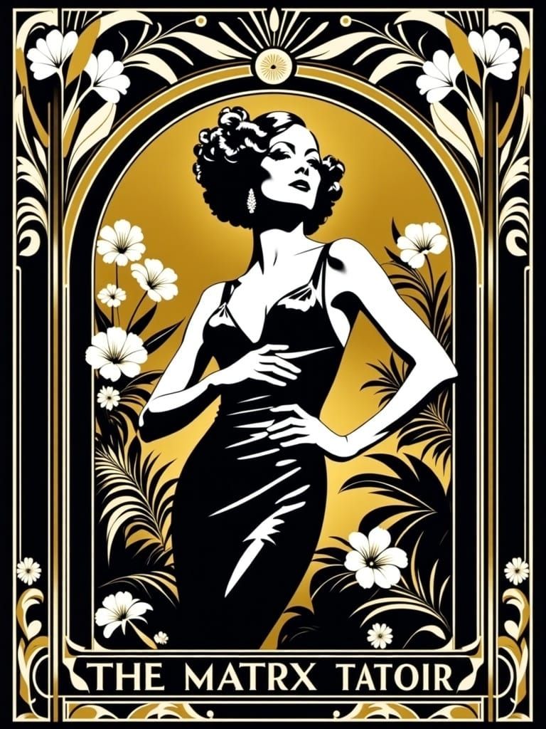 Golden Age Pin-Up Girl in Art Deco Garden Oasis