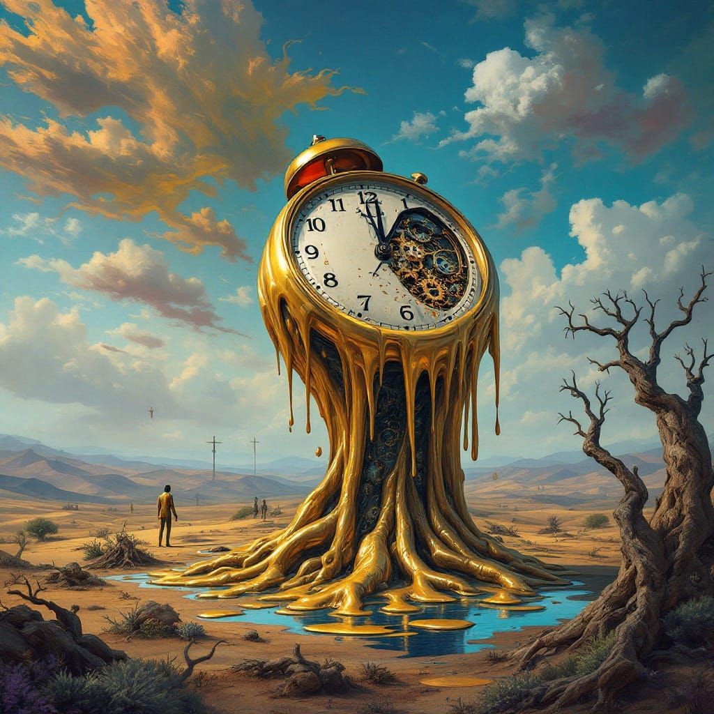 Melting Clock in Surreal Dali-Inspired Landscape