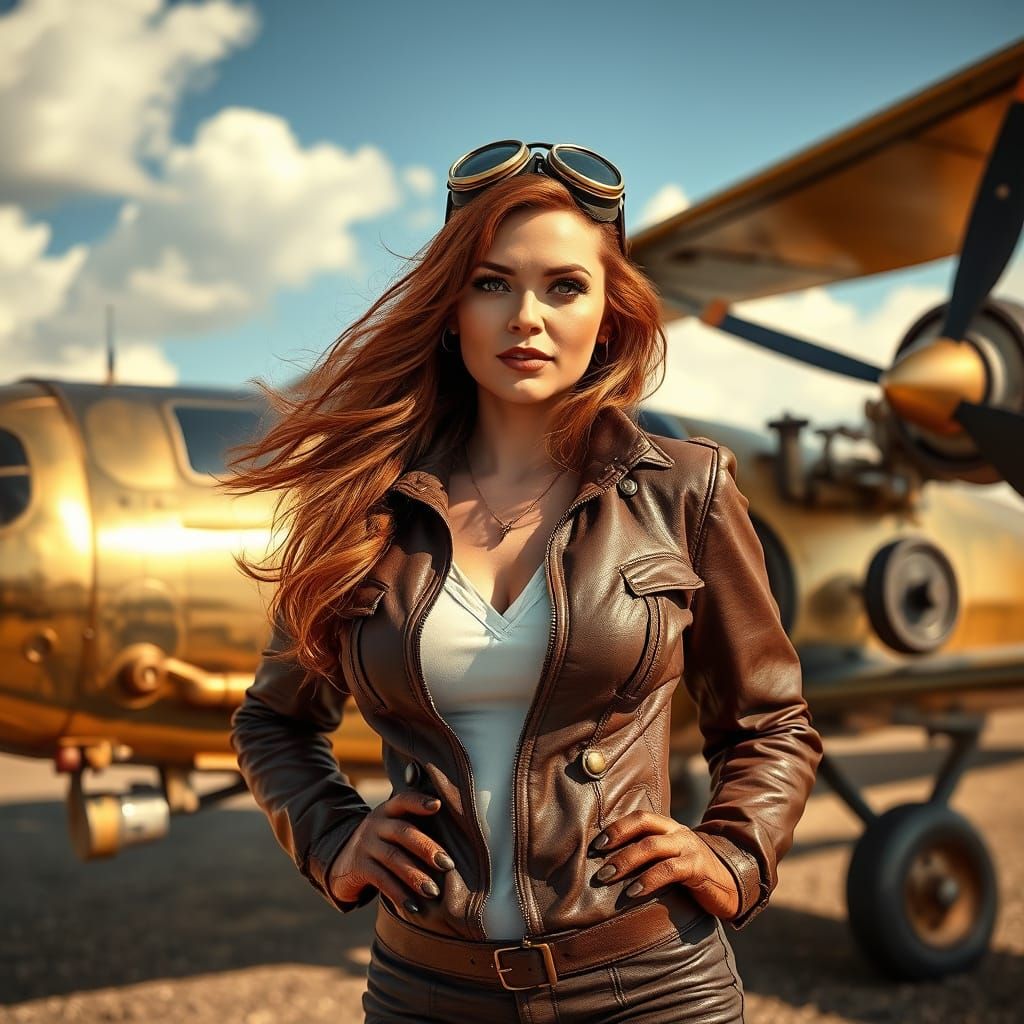 Steampunk Aviator Beside Biplane in Pin-Up Style