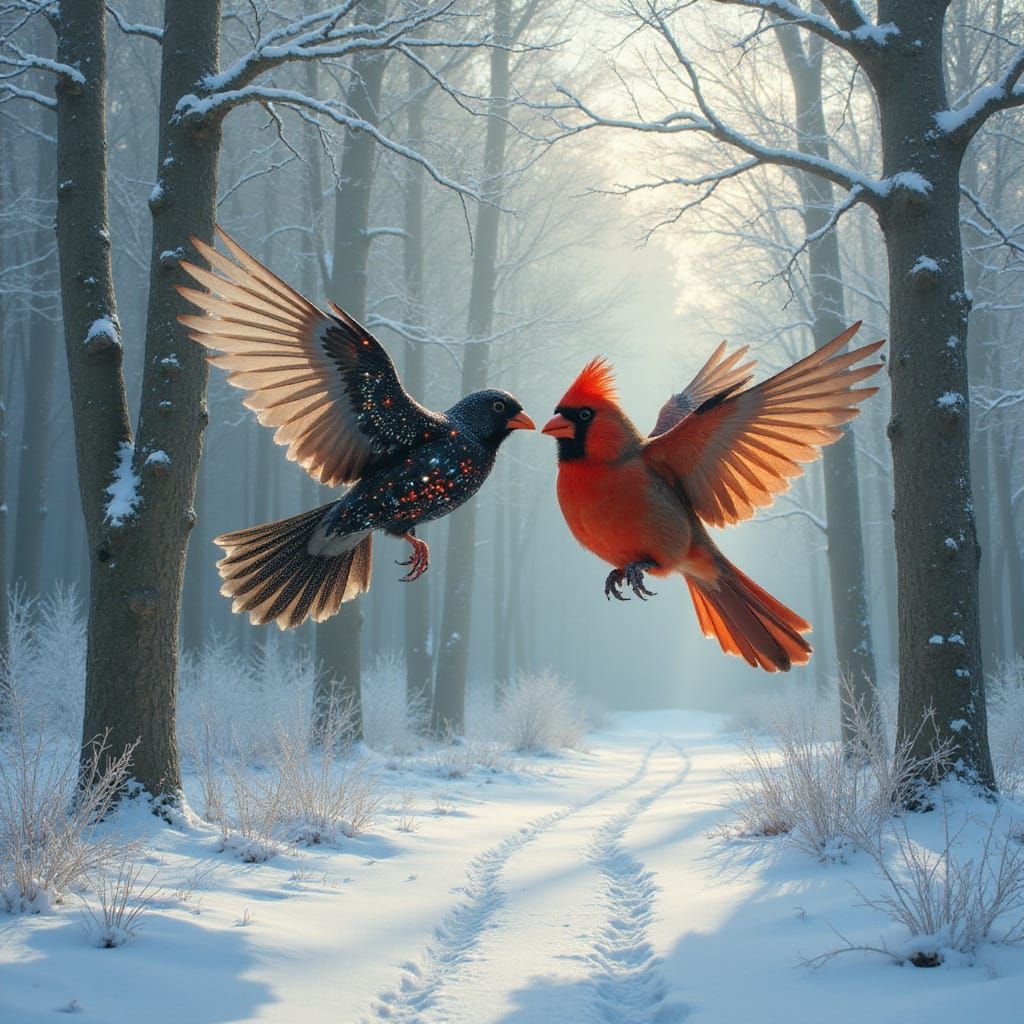 Futuristic Silicon Bird & Cardinal in Snowy Forest