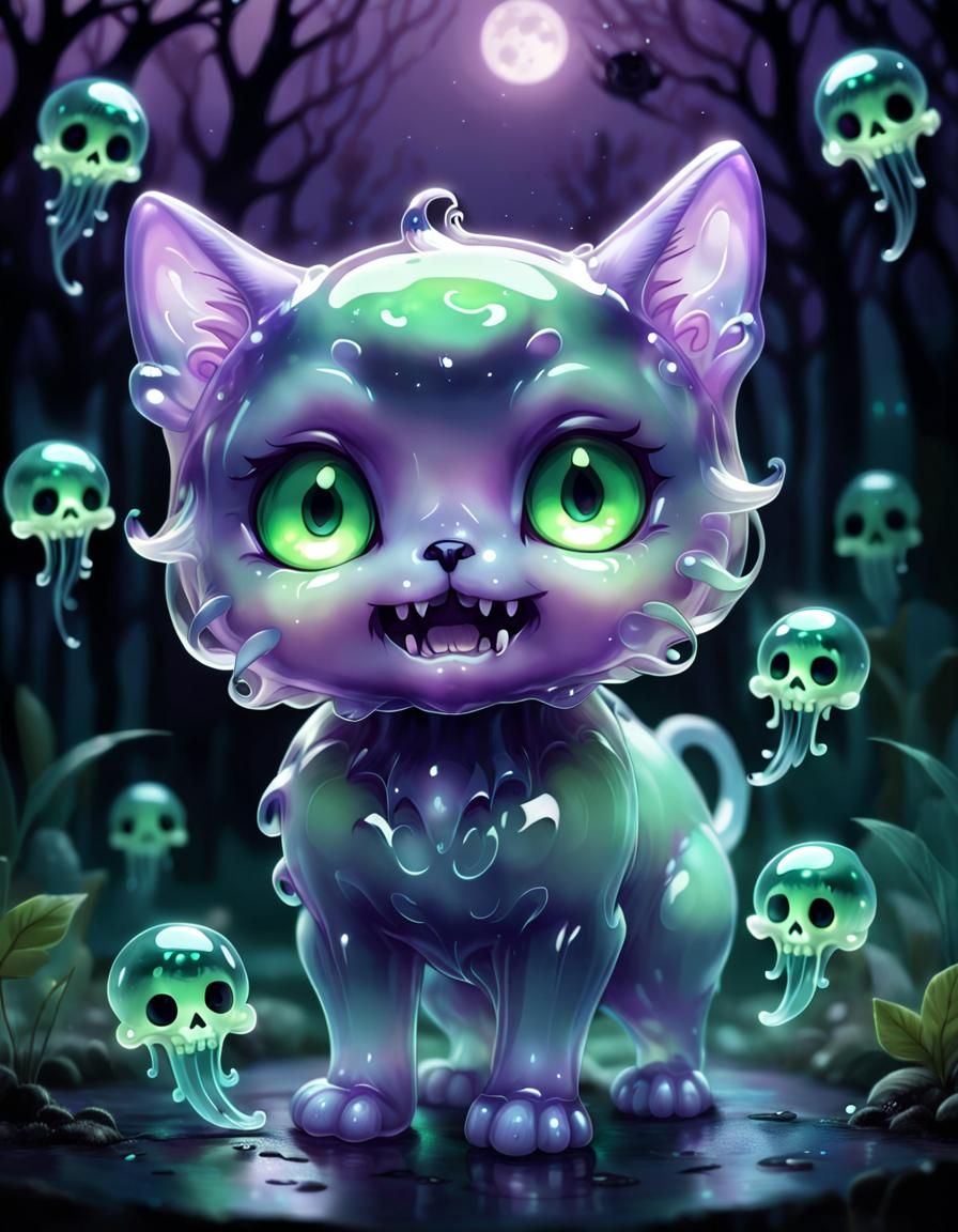 Cute Translucent Violet Chibi Cat Ghost with Glowing Eyes