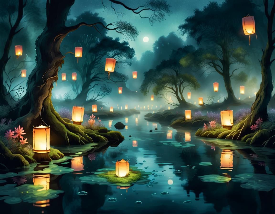 Bioluminescent River with Floating Lanterns in Watercolor