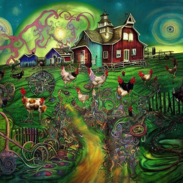 Psychedelic Steampunk Farm in Dreamcore Nightmare Style