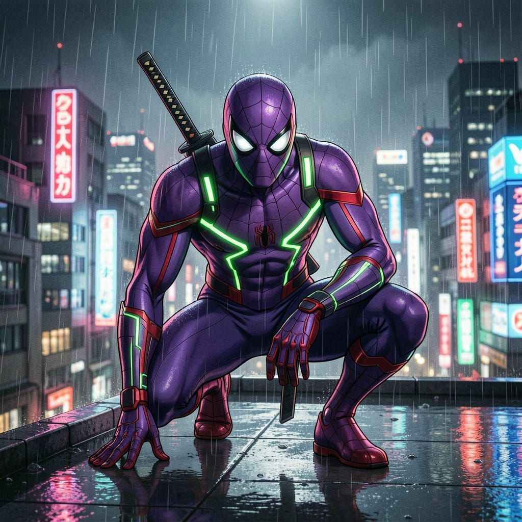 Futuristic Anime Ninja Spider-Man on Neon Rooftop