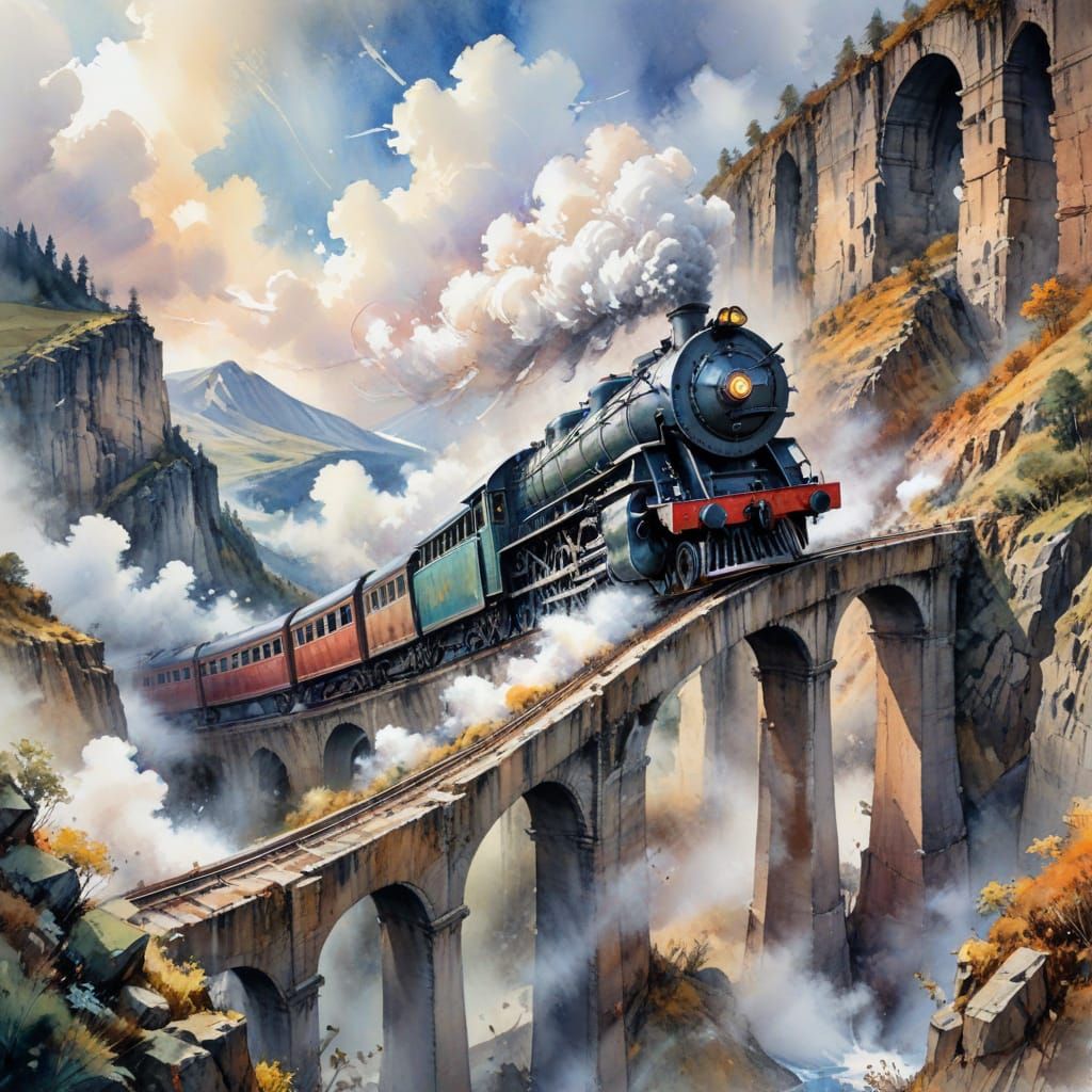 Weathered Steam Train on Viaduct: Watercolor Art