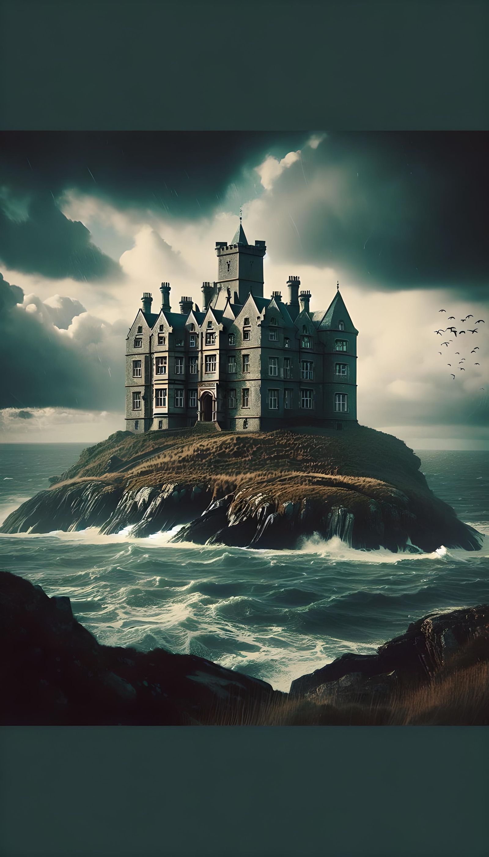 Haunting Manor House on Welsh Island in Cinematic Style