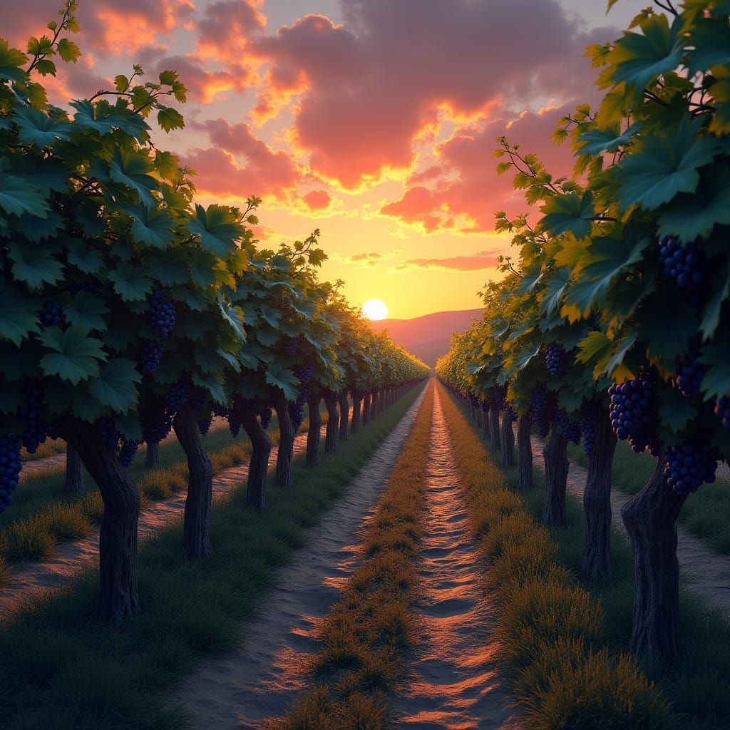 Mystical Vineyard at Sunset in Detailed Matte Painting Style
