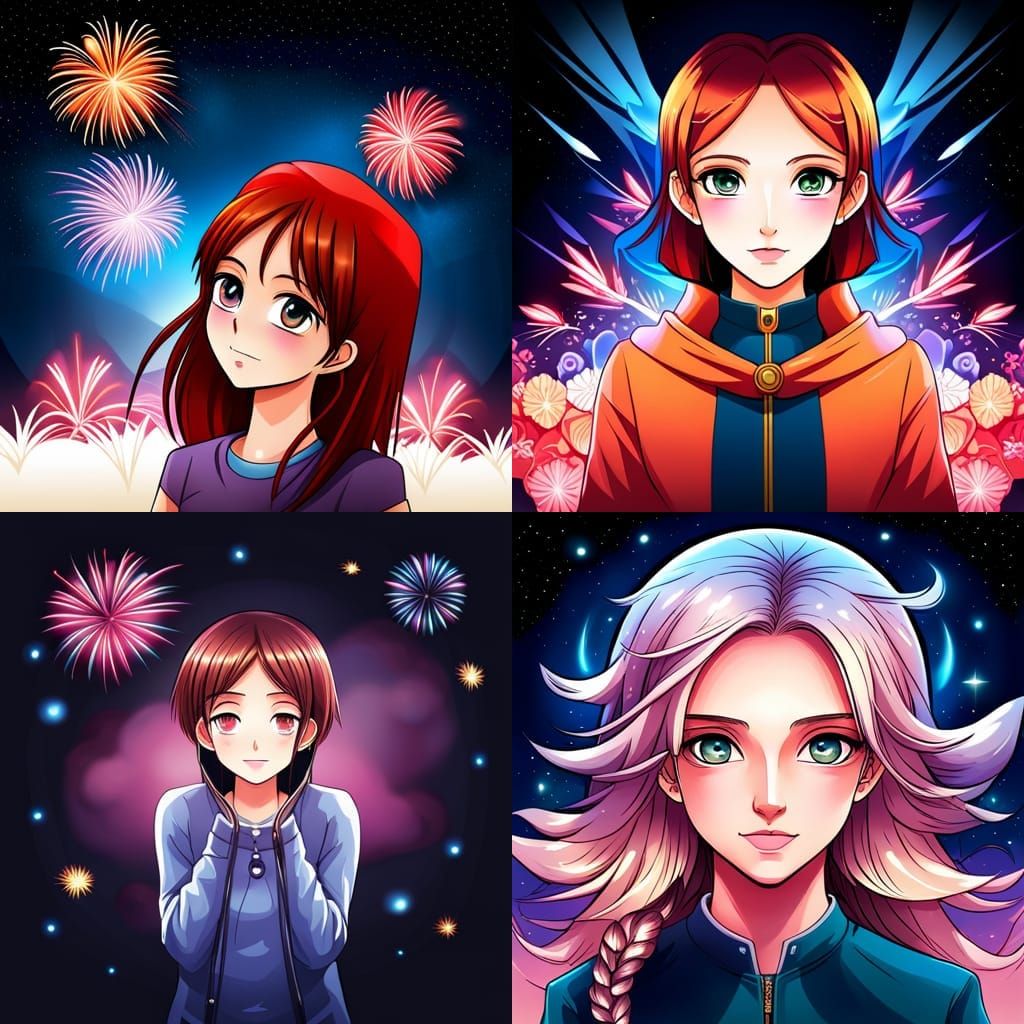 Anime Girl Portrait with Fireworks in Manga Style