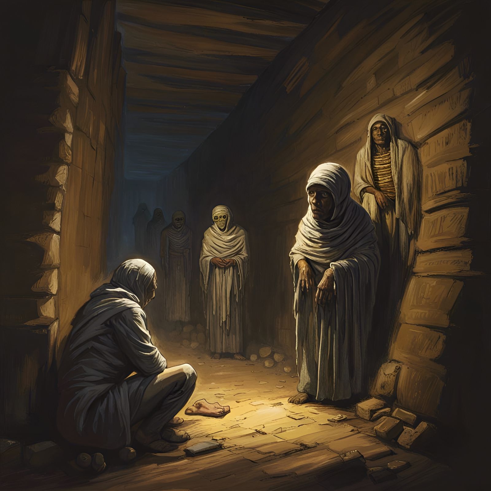 Sinister Mummies in Dark Tomb, Dark Fantasy Art