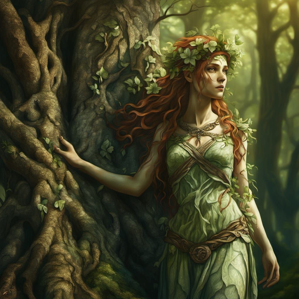 Dryad Beside Tree in Fantasy Illustration