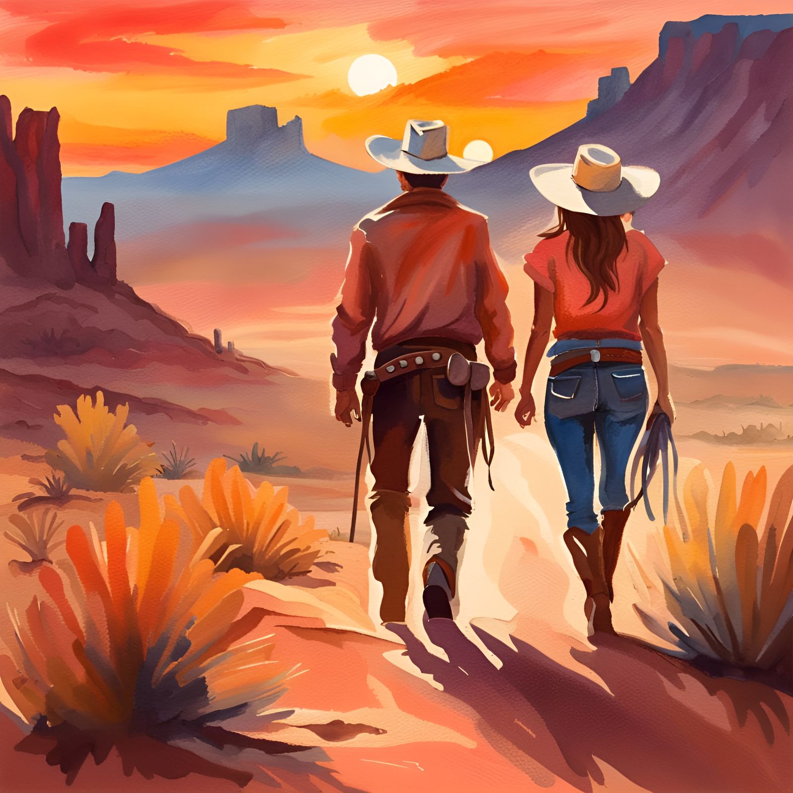 Cowboy and Cowgirl Walking into the Sunset