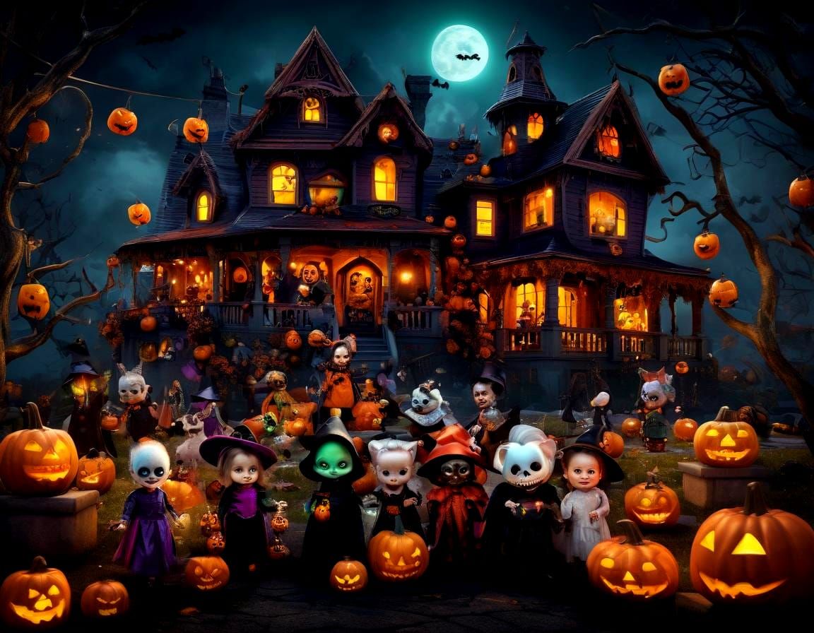 Charming 3D Render of Halloween Characters and Decorations