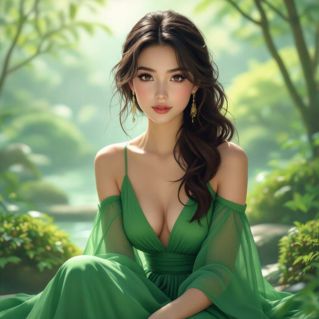Woman in Green Dress in Japanese Garden Art