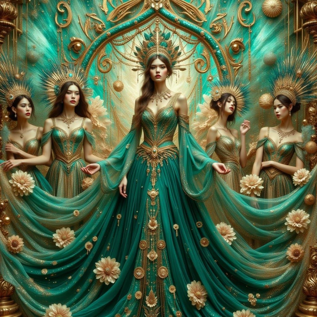 Queen on Floating Barge in Art Nouveau Cyberpunk Style