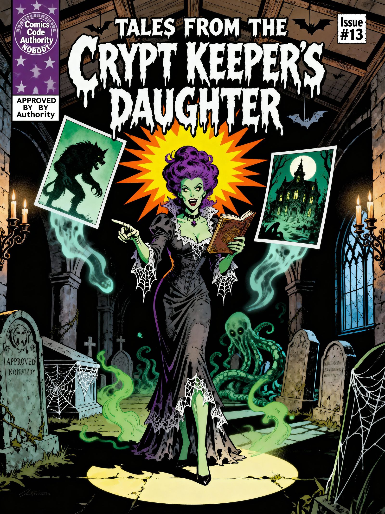 Ghoulish Host Grins Wickedly in Haunted Crypt