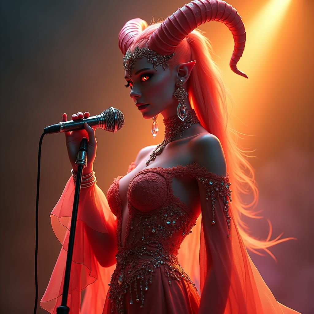 Tiefling Bard in Futuristic Gown, Hyperrealistic Matte Paint...
