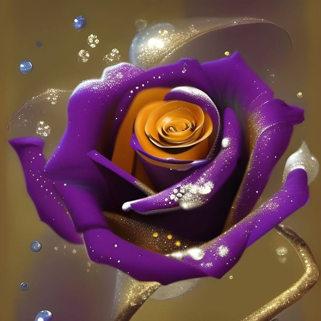 Glass Purple Rose Digital Painting with Golden Petals