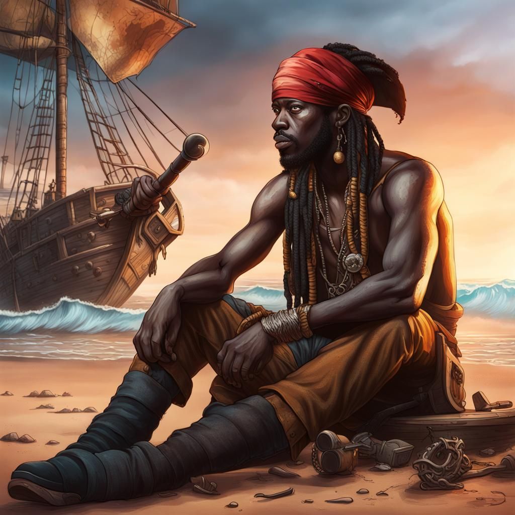 Hyperrealistic African Pirate on a Beach