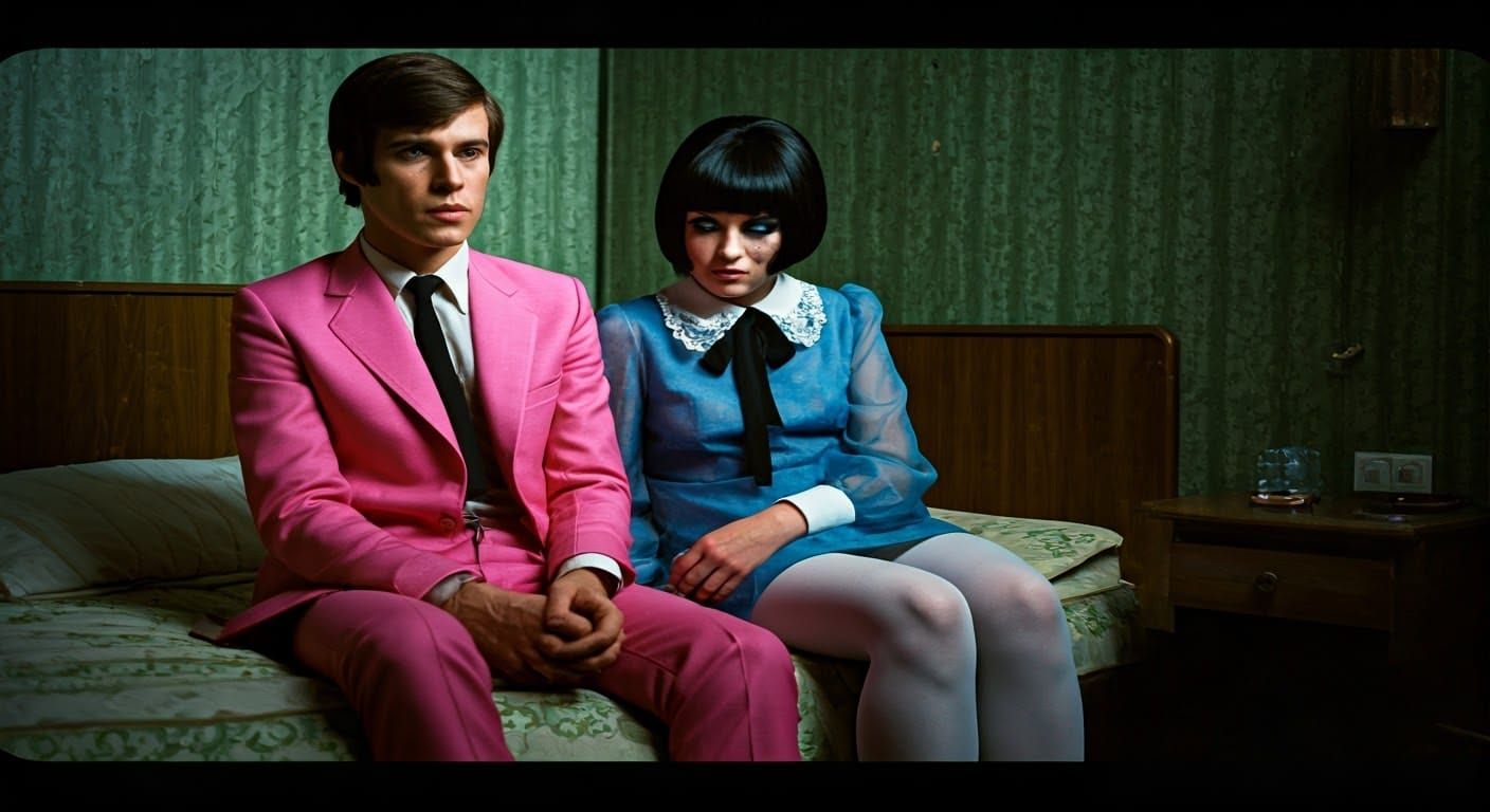 Widescreen 16mm Film Grain Motel Room Scene of Retro Mod Cou...