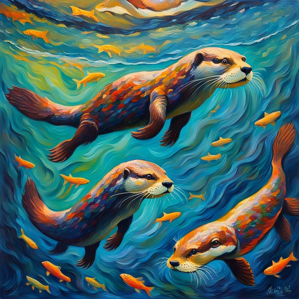 Otters Catching Trout: Neo-Impressionist Acrylic Painting
