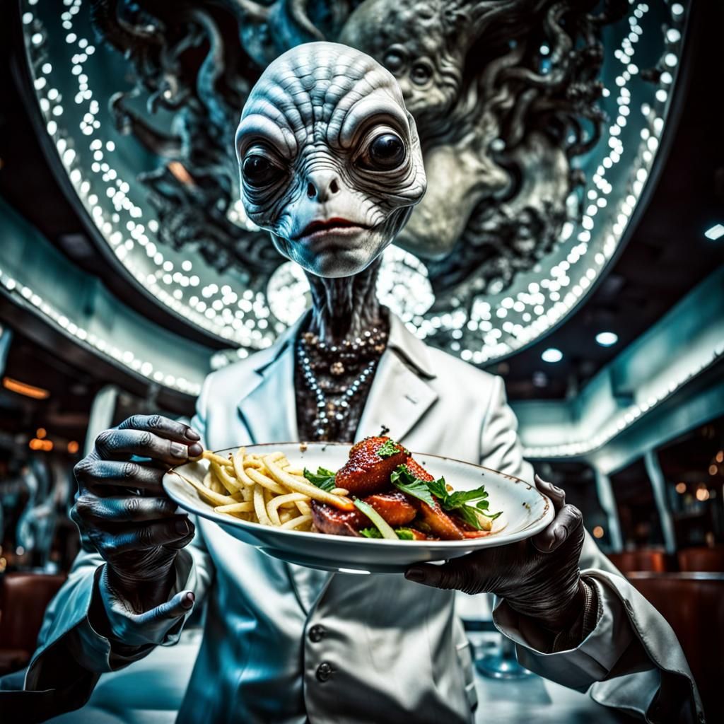 Surreal Alien Restaurant Celebration in Hyperrealistic Style