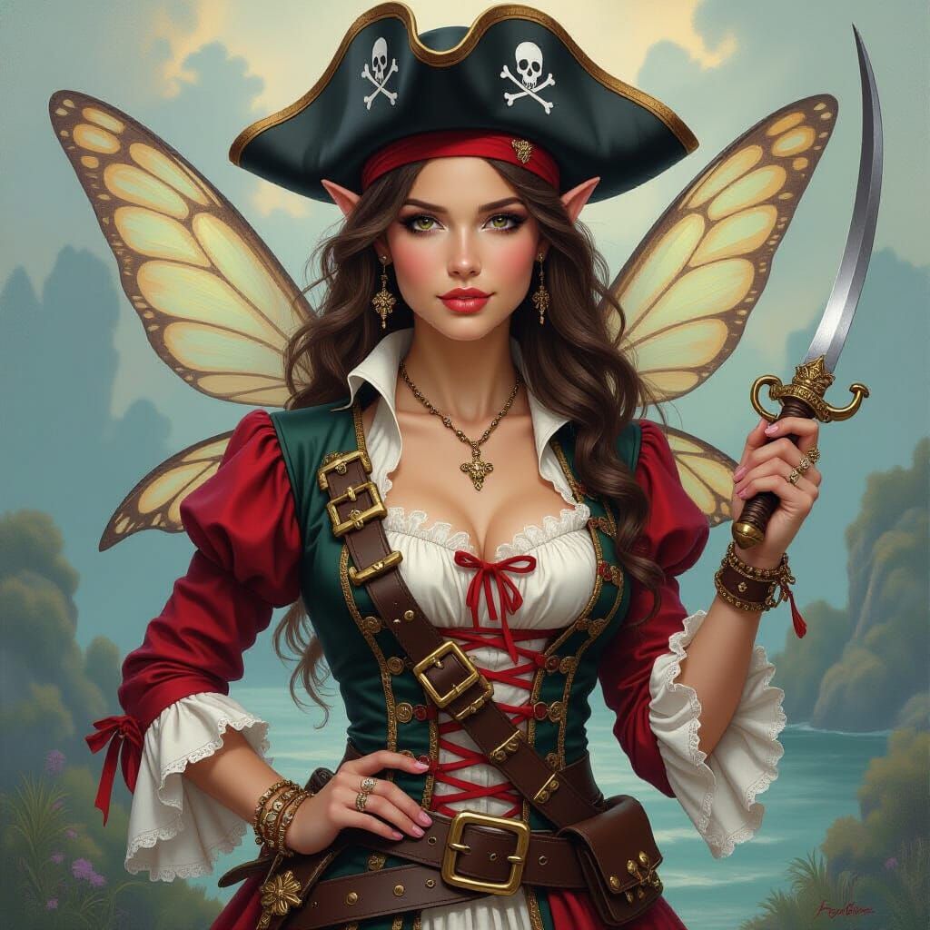 Fantasy Fairy Pirate Dress-Up: Detailed Oil Painting