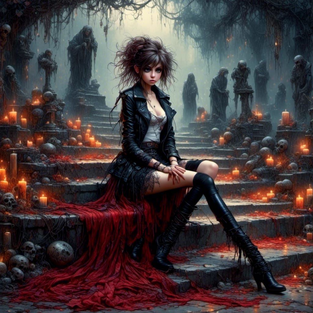 Beautiful Woman in Graveyard, Anime Style